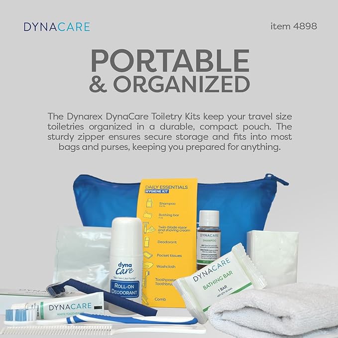 Dynarex DynaCare Daily Hygiene Kit - Travel Essentials Toiletry Bag - Includes TSA Approved Shampoo, Toothbrush Set, Razor and More - Blue, 1 Kit (10-Pieces)