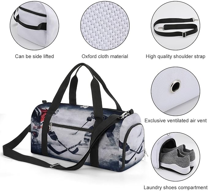 Oxford Cloth Ice Hockey Art Gym Bag,Duffle Bag with Shoes Compartment And Adjustable Shoulder Straps，Weekender Bags for Men Women.