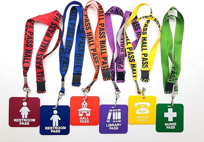 GiftExpress Hall Pass Lanyards and School Passes (12) Classroom Lanyard Pass Set for Teachers, Hall, Library, Office, Nurse, Boys & Girls Restroom, Color-Coded, Safety Buckle
