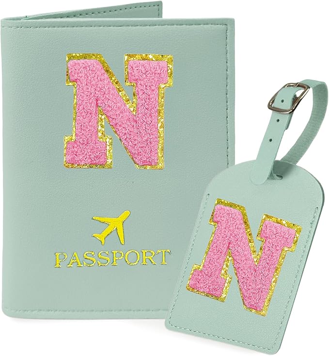 COSHAYSOO Initial Passport Cover Luggage Tag Set Letter Passport Holder Airplane Cruise Travel Essentials Vacation Traveling Accessories Personalized Gifts for Women Teen College Girls Teal N