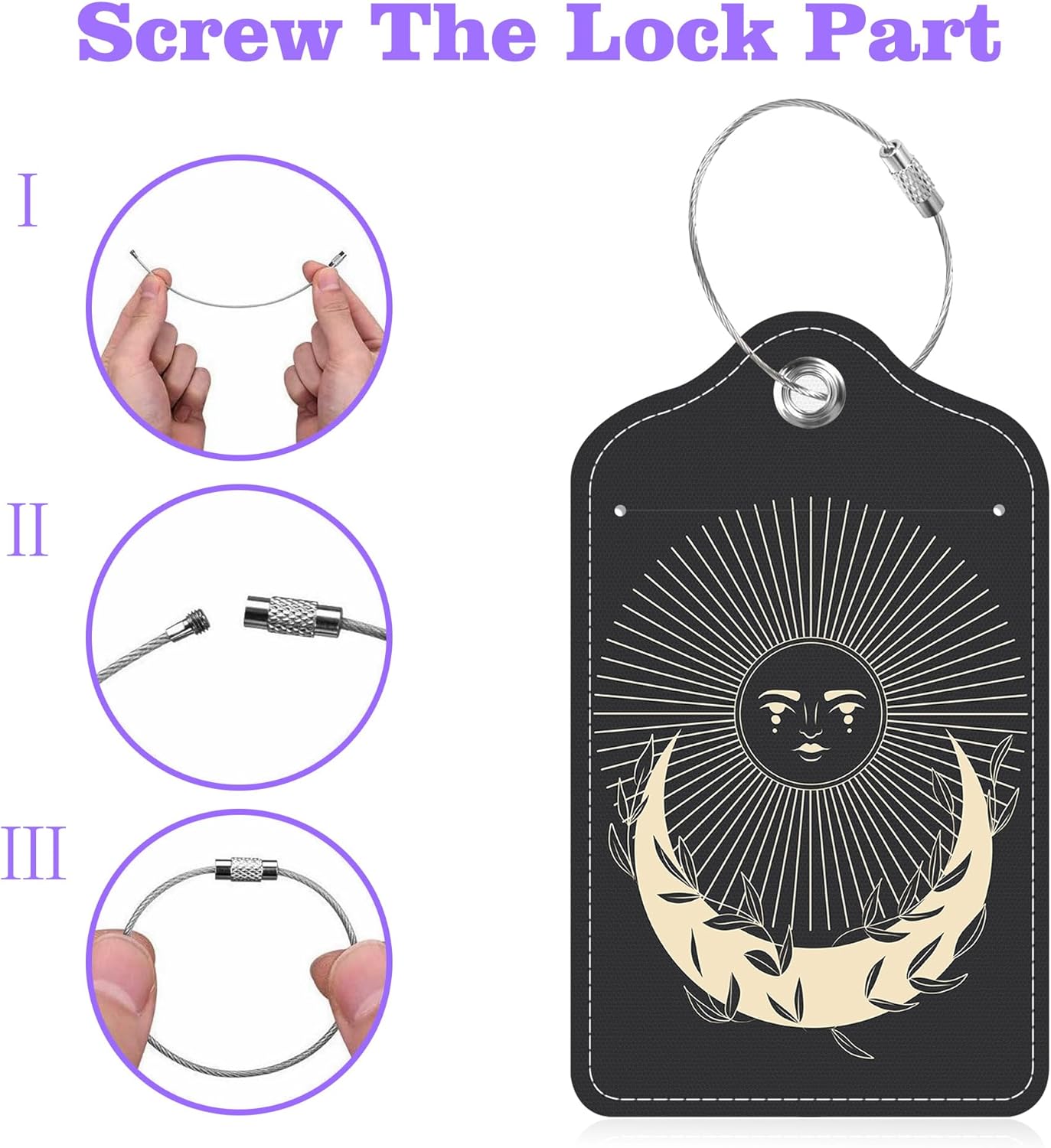 2 Pack Luggage Tags for Suitcase Moonlight in Vintage Engraving Leather Stainless Steel Loop Label Tags for Women Men Travel Bag Suitcase with Privacy Cover Name ID Card