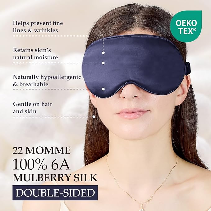 100% Mulberry Silk Sleep Mask for Unisex, 22 Momme 3D Silk Contoured Eye Mask, Breathable Light Blocking Blindfold with Adjustable Strap, Blackout Eye Cover for Travel, Blue