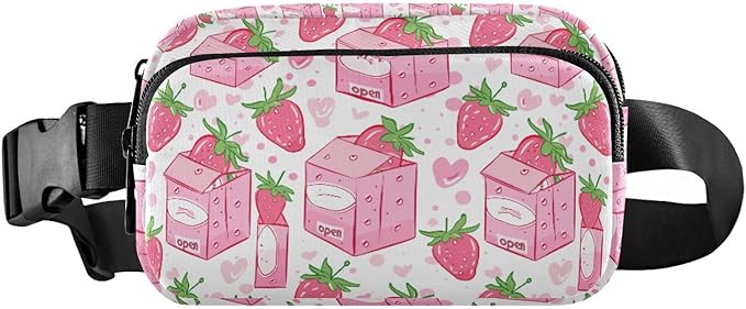 Kawaii Pink Strawberry Milk Fanny Pack for Women Men Water Resistant Fashion Waist Packs with Adjustable Strap Belt Bag for Travel Workout Jogging Hiking 21219122