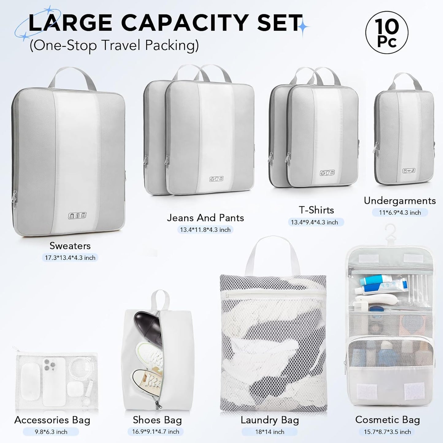 10 Set Compression Packing Cubes for Travel Essentials,Compressible Expandable Packing Cubes for Suitcase,OlarHike Luggage Organizer Bags for Travel,Handy Helper for Organizing Clothes(White)