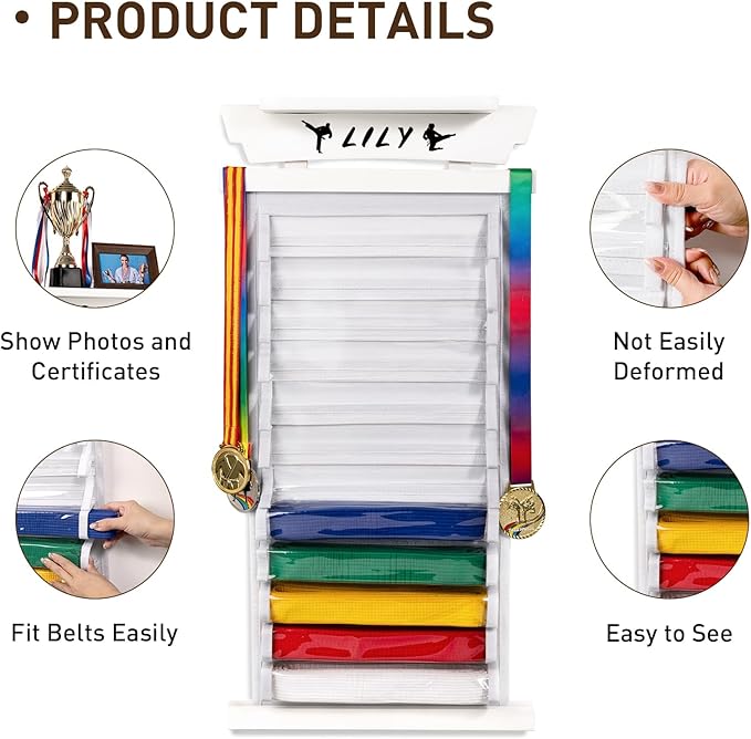 Tilhumt 10/12 Belts Karate Belt Display Rack with Photo Shelf, Felt Taekwondo Belt Display Rack Martial Arts Belt Display for Adults TKD, BJJ