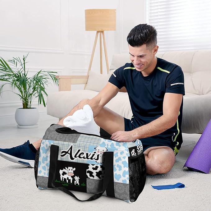 Plaid Patchwork Cow Blue Gray Crossbody Bag Waterproof Lightweight Duffel Bag Gym Dance Sport Perform Training Bag for Teens Women Men
