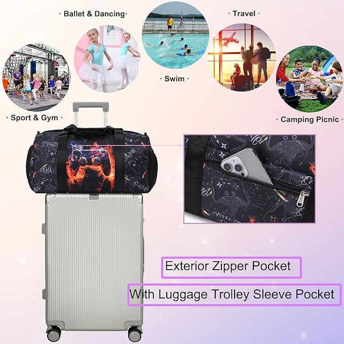 Kids Duffle Bag For Boys Overnight Travel Bag Sport Gym Bag With Shoes Compartment Dry And Wet Pocket Carry On Weekender Bag (Red Flame Game)