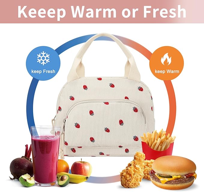 Lunch Bag Women Lunch Box for Women Adult Cute Insulated Lunch Bag Small Cooler Lunch Tote Bags for Work Picnic School (Beige-Strawberry)