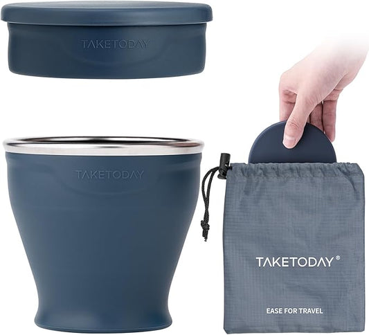 TakeToday Collapsible Travel Cup 8 oz - Silicone Foldable Water Cup, BPA-Free with Lid & Waterproof Bag - Drinking Cup Set for Camping, Outdoors & International Travel（Navy）