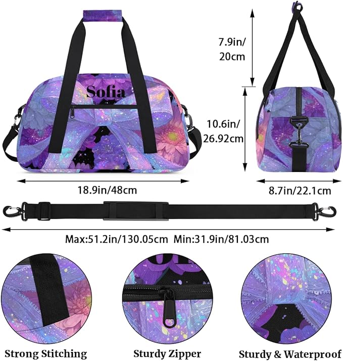 Custom Name Girls Gym Travel Duffle Bag with Front Zipper Pocket Personalized Sports Bag for Overnight, Weekender, Carry On,Workout & Dance, 18.9 * 8.7 * 10.6 in，Purple Bow
