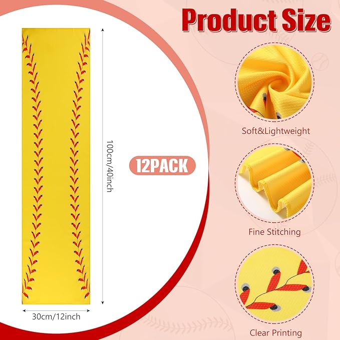 12 Pack Softball Cooling Towels with Softball Acrylic Luggage Tags, 40"x12" Breathable Chilly Ice Towel for Neck with Plastic Container, Sport Towel for Players Team Gift Sport Party Favors