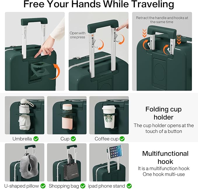 mixi Checked Luggage with Cup Phone Holder and Charger Hard Shell Suitcases with Spinner Wheels, 24 Inch Blackish Green