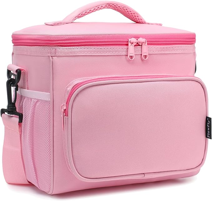 FlowFly Insulated Reusable Lunch Bag Adult Large Lunch Box for Women and Men with Adjustable Shoulder Strap,Front Zipper Pocket and Dual Large Mesh Side Pockets,Pink