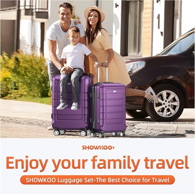 SHOWKOO Luggage Sets Expandable 100% PC Durable Suitcase Sets Double Wheels TSA Lock 4 Piece Luggage Set Purple