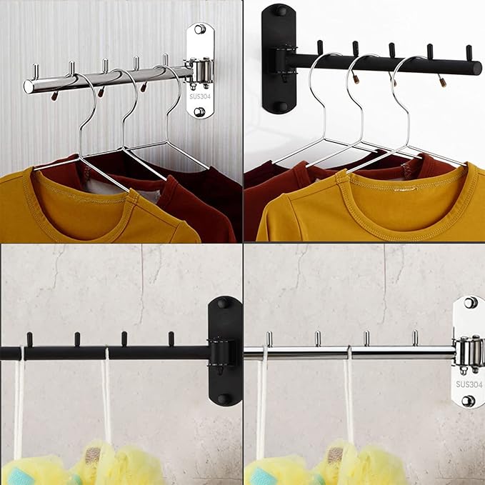 Pack of 2 Folding Wall Mounted Clothes Hanger Rack with Swing Arm Stainless Steel Heavy Duty Coat Hook for Bathroom, Bedroom, Laundry Room - Silver