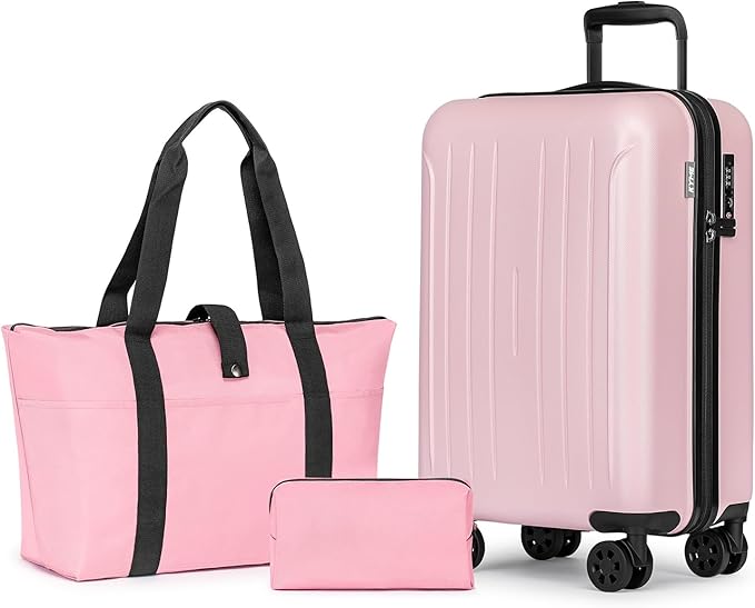 KYME Carry On Luggage Sets 3 Piece 20 Inch Suitcase Set with Duffel Bag ABS+PC Hardshell Travel Luggage with Spinner Wheels TSA Lock (Pink, 3Pcs Set)