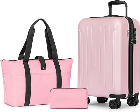 KYME Carry On Luggage Sets 3 Piece 20 Inch Suitcase Set with Duffel Bag ABS+PC Hardshell Travel Luggage with Spinner Wheels TSA Lock (Pink, 3Pcs Set)