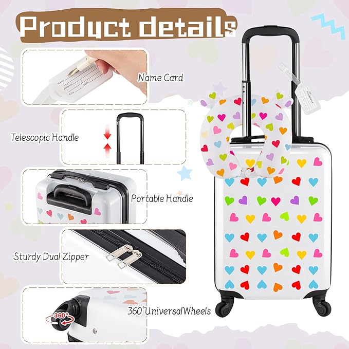 Sanwuta 4 Pcs Kids Luggage Set Rolling Suitcase Backpack U-shaped Pillow Kids Carry On Gift for Summer Travel Family Trip(17 Inch,Heart Style,White)