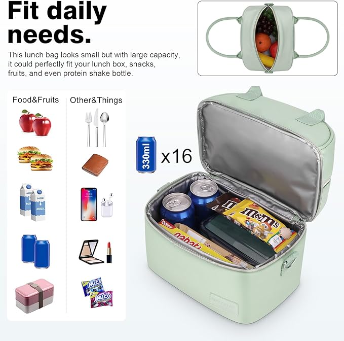BALORAY Lunch Bag for Women Men, Double Deck Lunch Box for Adults, PU Leather Lunch Tote Bag Insulated Lunch Bags with Strap for Work Office Picnic(Green with strap)