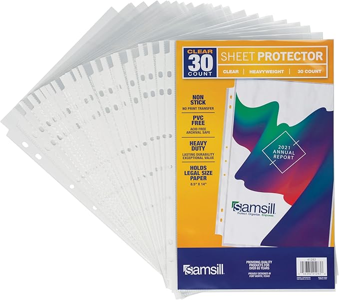 Samsill Sheet Protectors, 8.5 x 14 Inch Document Protectors for Legal Binder, Heavyweight, Clear, Legal Size, Top Loading, Acid Free, 30 Pack