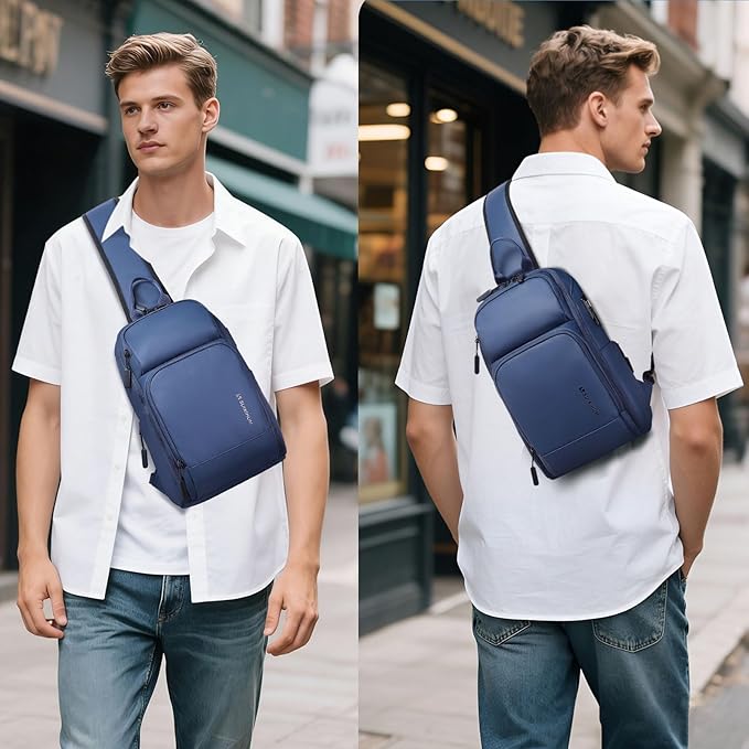 Men's Sling Bag, Convertible Anti Theft Sling Backpack, 11" One Shoulder Crossbody Backpack with USB Charging Port for Working Travel Daily, Dark Blue