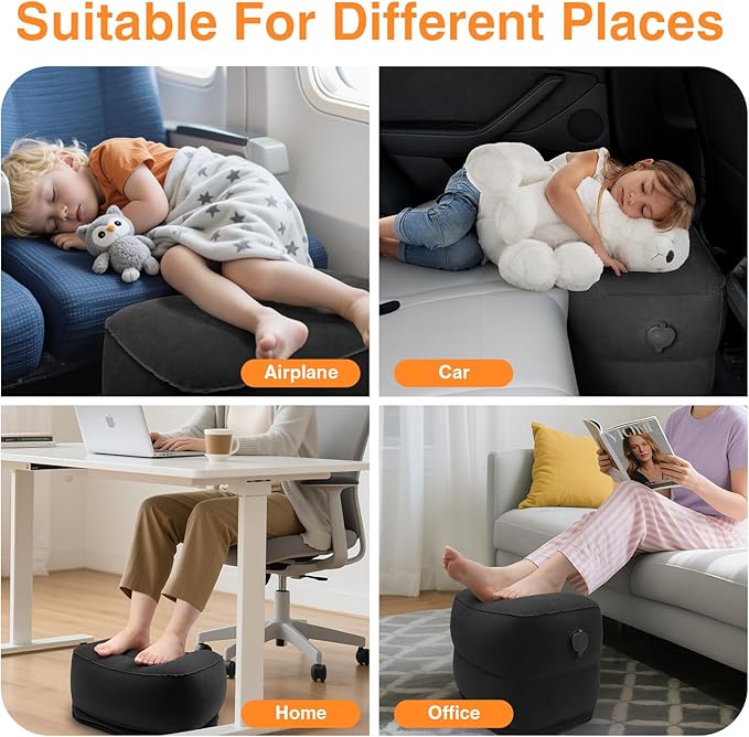 Maliton Inflatable Foot Rest Pillow for Travel,Kids Airplane Bed,Adjustable 3 Layers Height Leg Pillow of Air Travel Essentials,Car, Office, Home - Fast Inflation (Black)