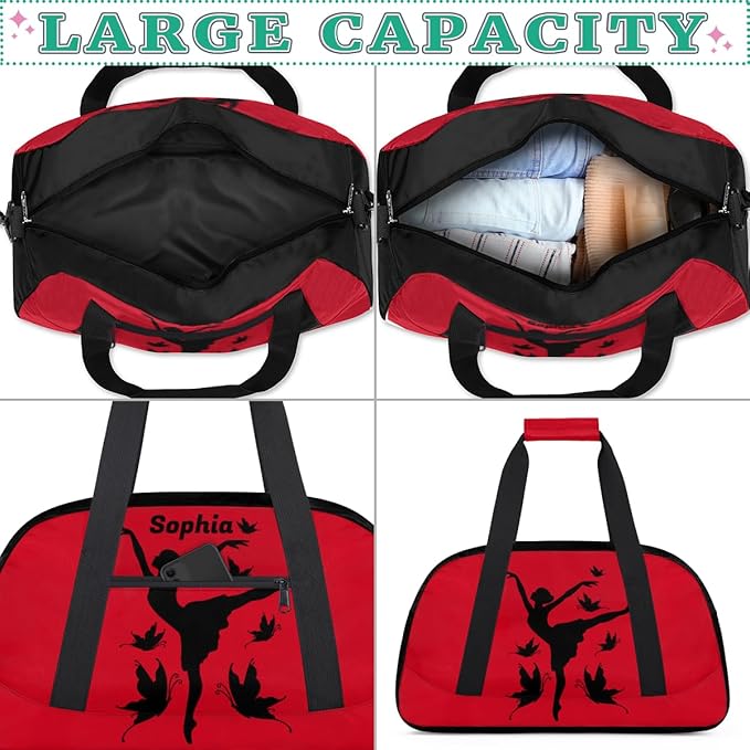 Custom Gym Bags for Girls with Name, Personalized Sports Dance Bag for Kids, Overnight Weekender Duffel Bags Workout Training, Travel Practice Gymnastics Bag，Ballet Girl Butterfly