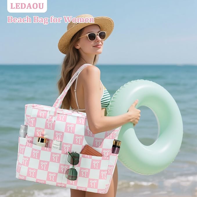 LEDAOU Beach Bag Waterproof Sandproof Women Beach Tote Pool Bag with Zipper for Swim Gym Grocery Travel with Wet Pocket | Sandproof, with Zipper, for Gym, Grocery, Travel, with Wet Pocket
