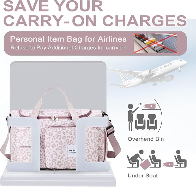 WOOMADA Foldable Travel Duffel Bag with Shoes Compartment, Overnight Bag with Wet Pocket & Trolley Sleeve, Weekender Bags for Women(A-pink leopard)
