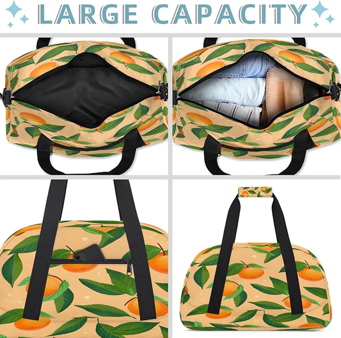 Gym Bag for Women Men, Orange Fruit Leaf Travel Duffle Bags for Dance Ballet Overnight, Carry-On Weekender Bag with Detachable Shoulder Strap