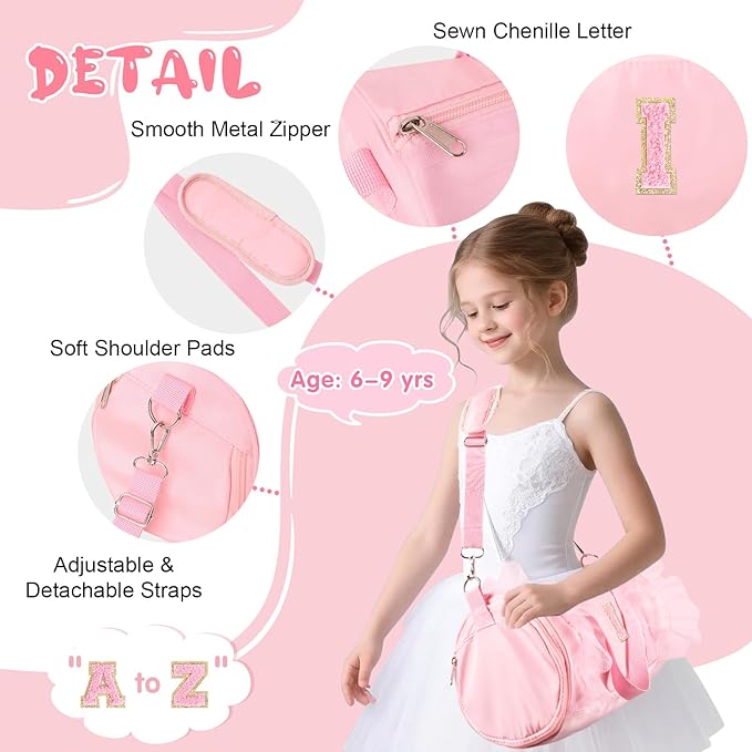 Personalized Initial Dance Bag for Girls 6-9, Medium Lace Gym Sport Yoga Cheer Dance Bags Gift for Teen Girls, Cute Letter Kids Ballet Bag Toddler Travel Duffel Tote with Adjustable Straps(Pink-I)