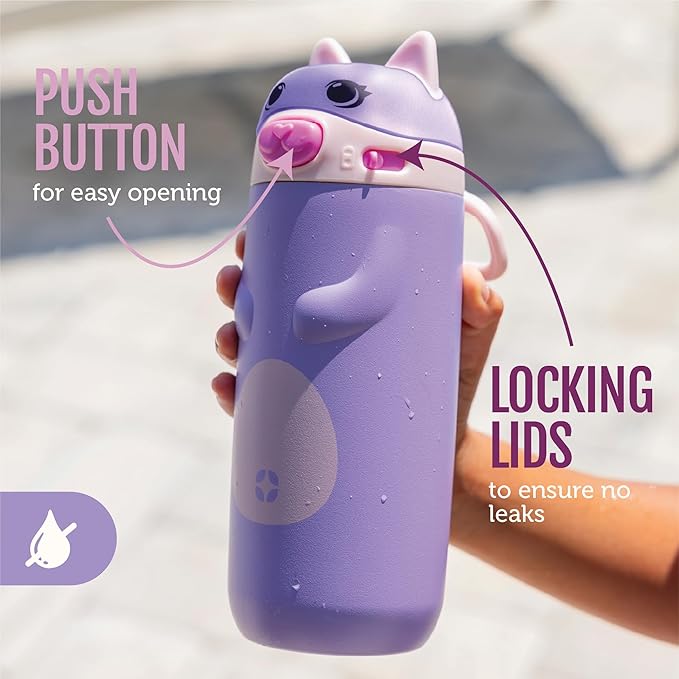 Ello Ellies 12oz Vacuum Insulated Stainless Steel Kids Water Bottle with Straw and Built-in Carrying Handle and Leak-Proof Locking Lid for School Backpack, Lunchbox and Outdoor Sports, Cat