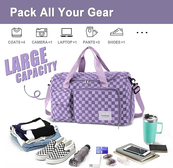 WOOMADA Foldable Travel Duffel Bag with Shoes Compartment, Overnight Bag with Wet Pocket & Trolley Sleeve, Weekender Bags for Women (violet checkerboard)