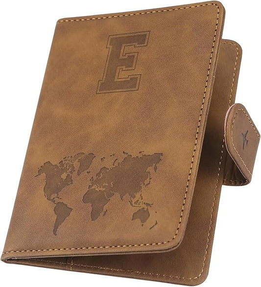 Personalized Passport Holder – Initial Letter Passport Cover with RFID Blocking, Holds 2 Passports, Slim PU Leather Unisex Travel Wallet, Brown E