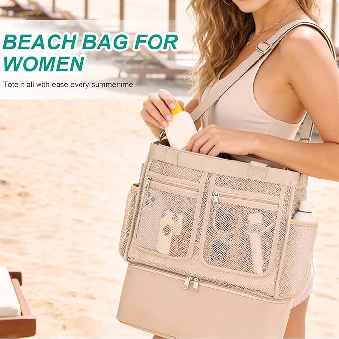 Beach Bags for Women, Large Beach Tote Bag Waterproof Mesh Swim Pool Bag with Cooler for Travel Vacation Essentials