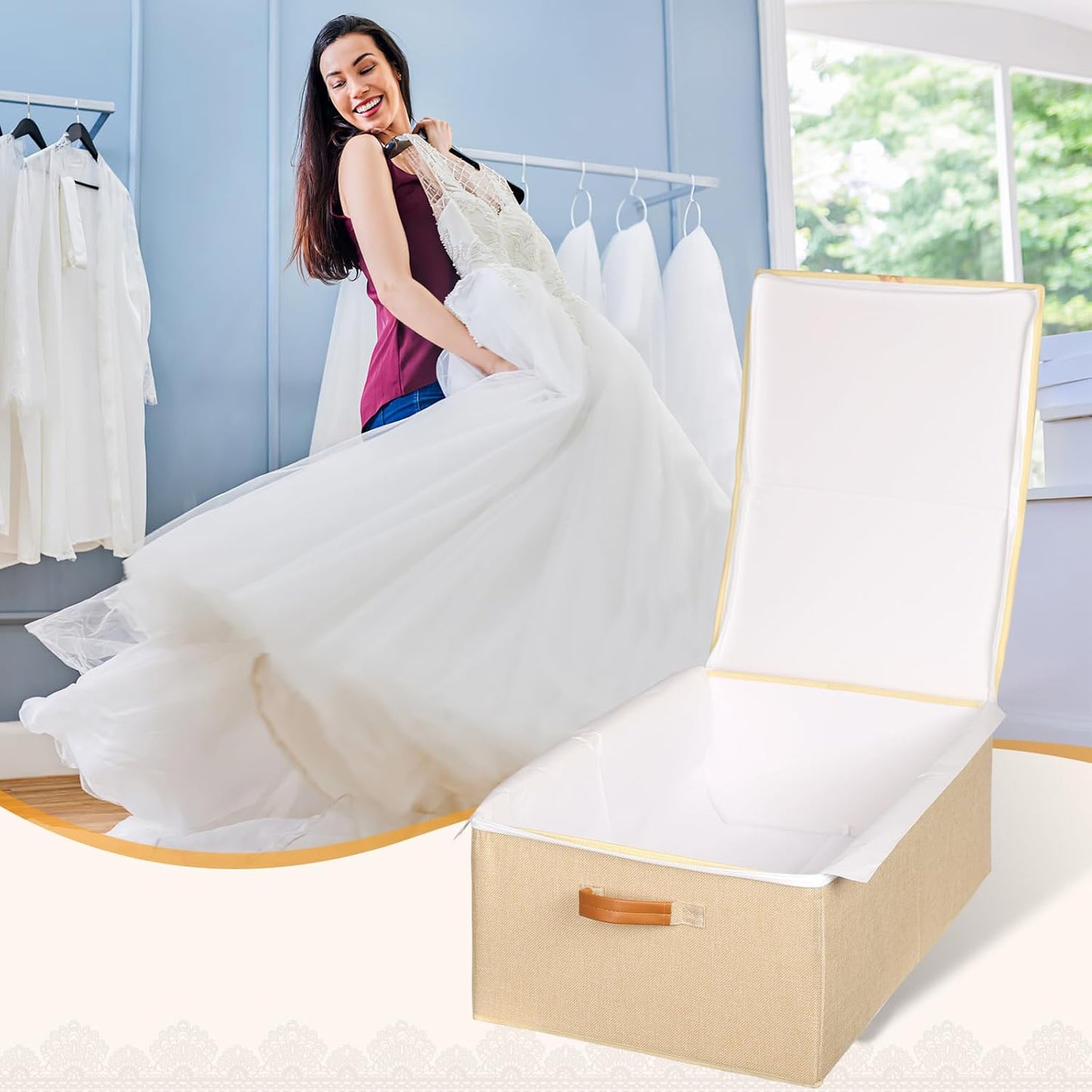 Wedding Dress Storage Box, Wedding Dress Preservation Box with Lid, Foldable Acid-Free Organizer with 1 Pair of Microfiber Gloves and 20 Sheets of Acid-Free Paper (1, Large)