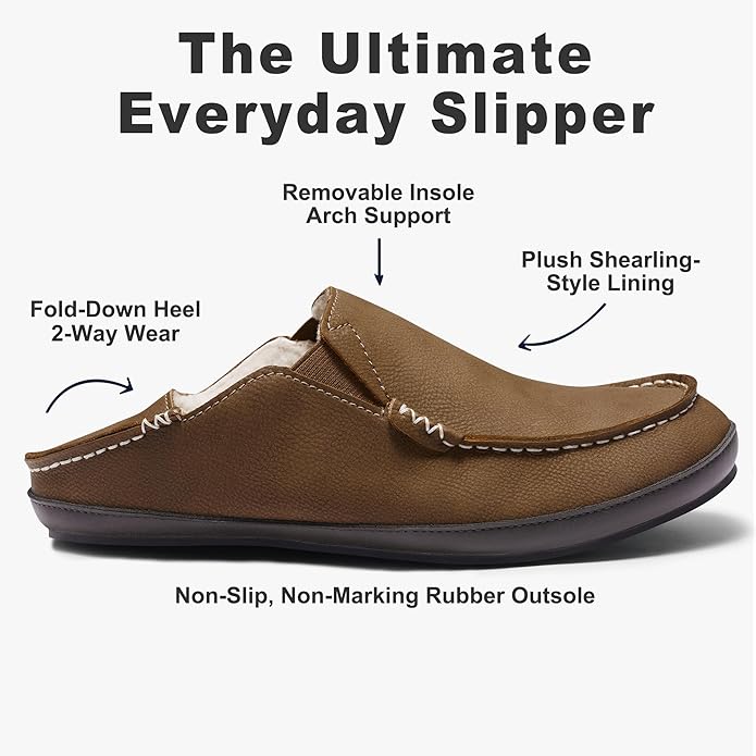 Men’s Premium Everyday Moccasin Slippers Crafted Leather Upper Plush Shearling-Style Lining Removable PU Arch Support Insole with Deep Heel Cup Non-Slip Non-Marking Rubber Sole Fold-Down Heel Indoor Outdoor