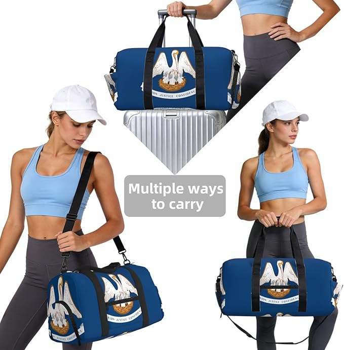 Louisiana State Flag Print Gym Bag with Shoe Compartment for Women Men, 17.7in Sports Duffle Weekender Tote, Overnight Travel Duffel Bag Carry On