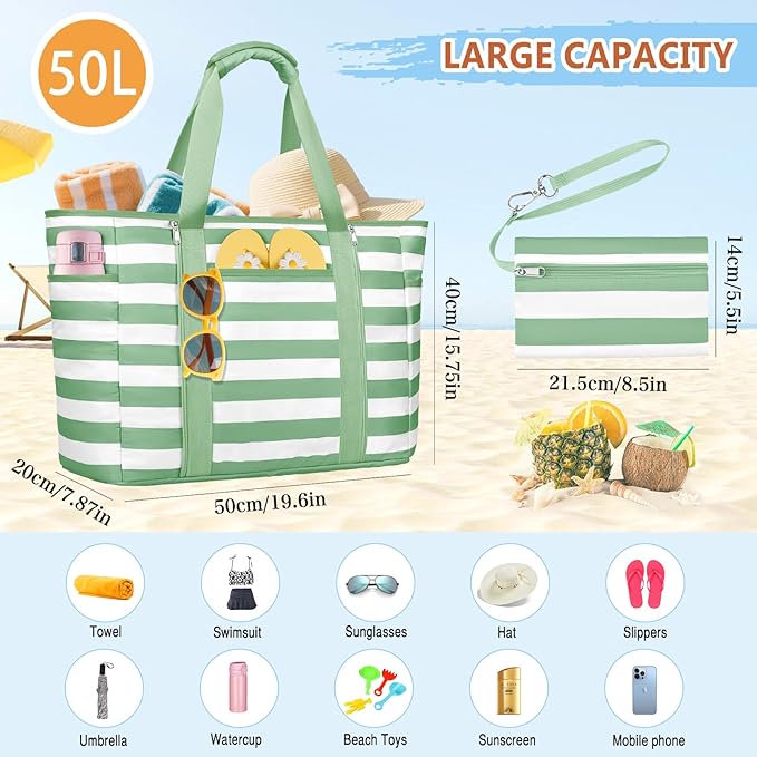 Extra Large Beach Bags for Women, Waterproof Sandproof Beach Tote Bag Foldable Swim Pool Bag with Zipper and Wet Pocket