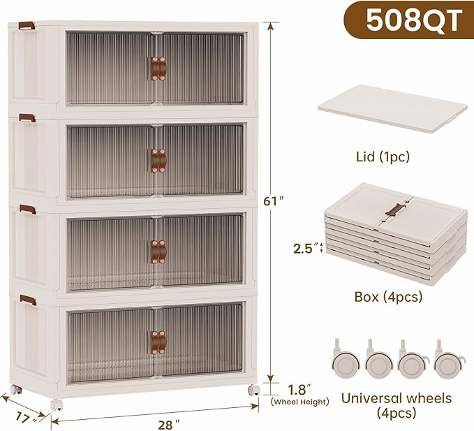 SAILUN 508Qt Extra Large Stackable Storage Bins Folding Collapsible Storage Bins with Lid, Closet Organizers and Storage Box with Door Beige 28" W x 17" D x 61" H