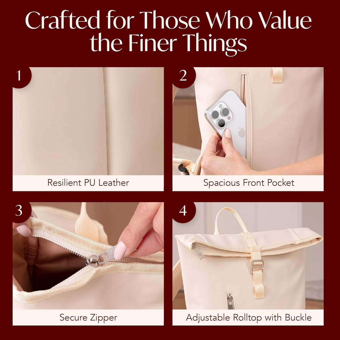 Two Bottle Rolltop Wine Tote Bag – Stylish PU Leather Wine Backpack with Matching Tumblers – Compact & Lightweight Wine Carrier with Padded Straps & Compartments for Travel & Picnics - Beige