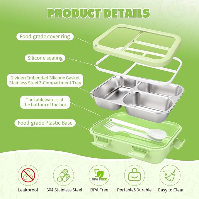 Stainless Steel Lunch Box for Kids, Durable Bento Box Containers with 3 Compartments, Leakproof Lock & Portable Utensil Set, Office, Picnics, Travel, Freezer&Dishwasher Safe, Green
