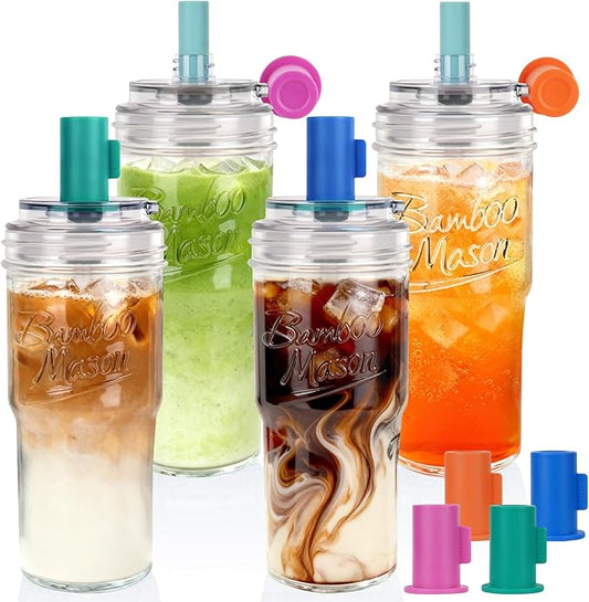 ANOTION Bamboo Mason 24oz Glass Tumbler with Straw Leakproof Lid, Mason Jar Cups 4 Color Caps, Self-Assembly Leak-Proof Lid Straw, Reusable Iced Coffee Cup, Mason Jar Drinking Glass Coffee Gifts