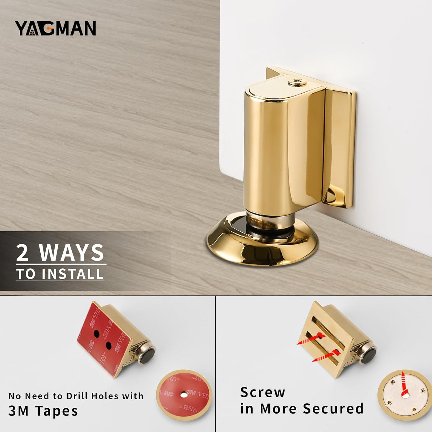 1 Pack Magnetic Door Stoppers Retractable Bottom of Door Holder No Drilling Mount Floor Door Stop with Screws and Adhesive Catch Door Keep Door Open Polished Gold PG-1