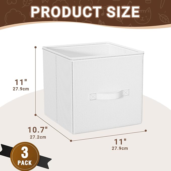 Cube Storage Bins, 11 Inch Fabric Organizers with Handles - Foldable Collapsible Storage Cubes for Shelves, Bedroom, Closet, Cabinet, Bookcase, or Office (White, Pack of 3)