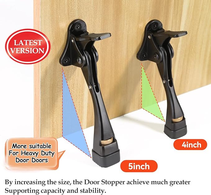 Kickdown Door Stopper 5 Inches - 2 Packs One Touch Adjustable Height Door Stop for The Bottom of Door Aluminum Alloy Metal Door Stopper with Rubber Tip & Wall Protectors for Wide Doors Silver Gray