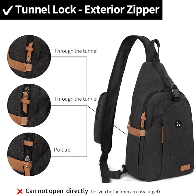 Sling Bag for Men, Anti Theft Crossbody with Tunnel Lock, Waterproof Canvas Shoulder Backpack for Travel Hiking Daily