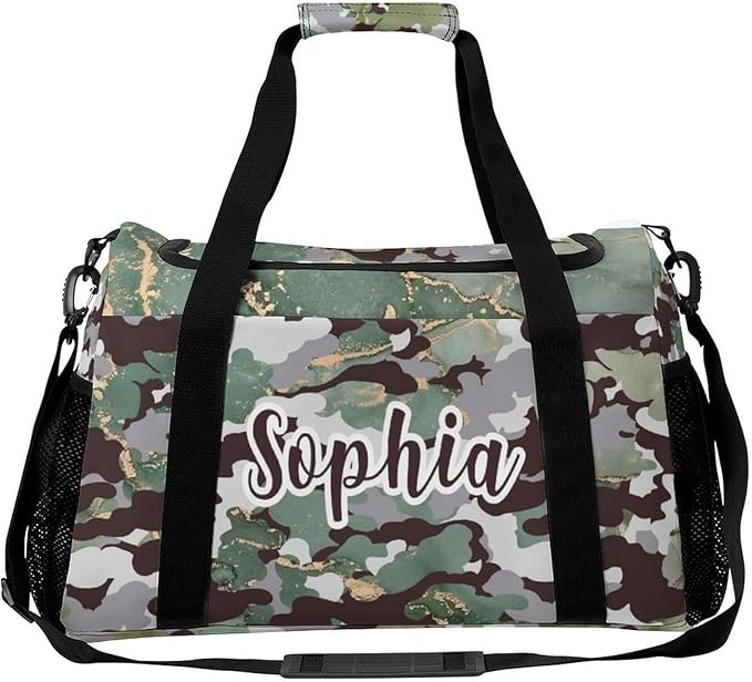 Personalized Green Camouflage Camo Pattern Duffle Bag with Name for Women Man Custom Multifunctional Travel Perform Training Bag Luggage Bag