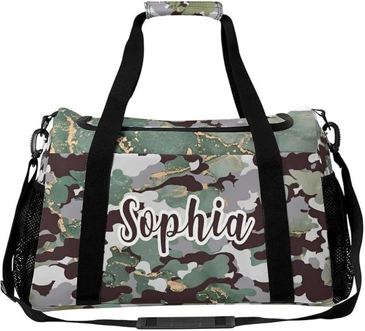 Personalized Green Camouflage Camo Pattern Duffle Bag with Name for Women Man Custom Multifunctional Travel Perform Training Bag Luggage Bag