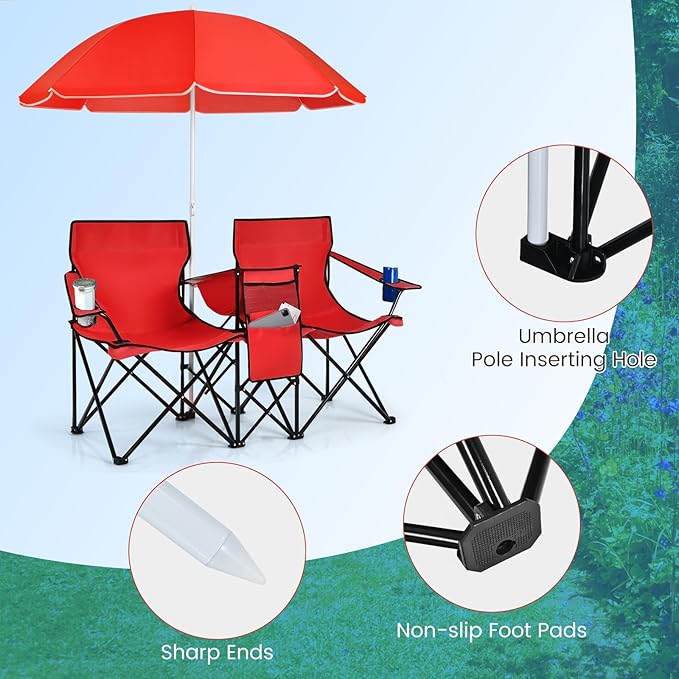 KOTEK Double Camping Chair, Folding Camp Chair with Removable Umbrella, Cup Holders, Cooler Bag, Side Pocket & Carry Bag, 2-Person Beach Chair for Outdoor, Sports, Concerts, Travel, Picnic (Red)